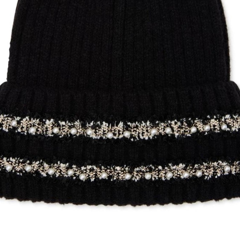 TIME AND TRU like new Black Knit Beanie with Faux Fur Pom with pearls - Picture 3 of 4